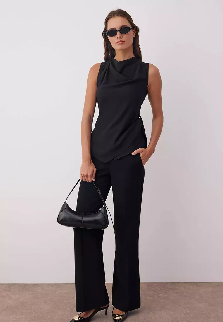 Black Sleeveless Satin Tie Detailed Woven Blouse