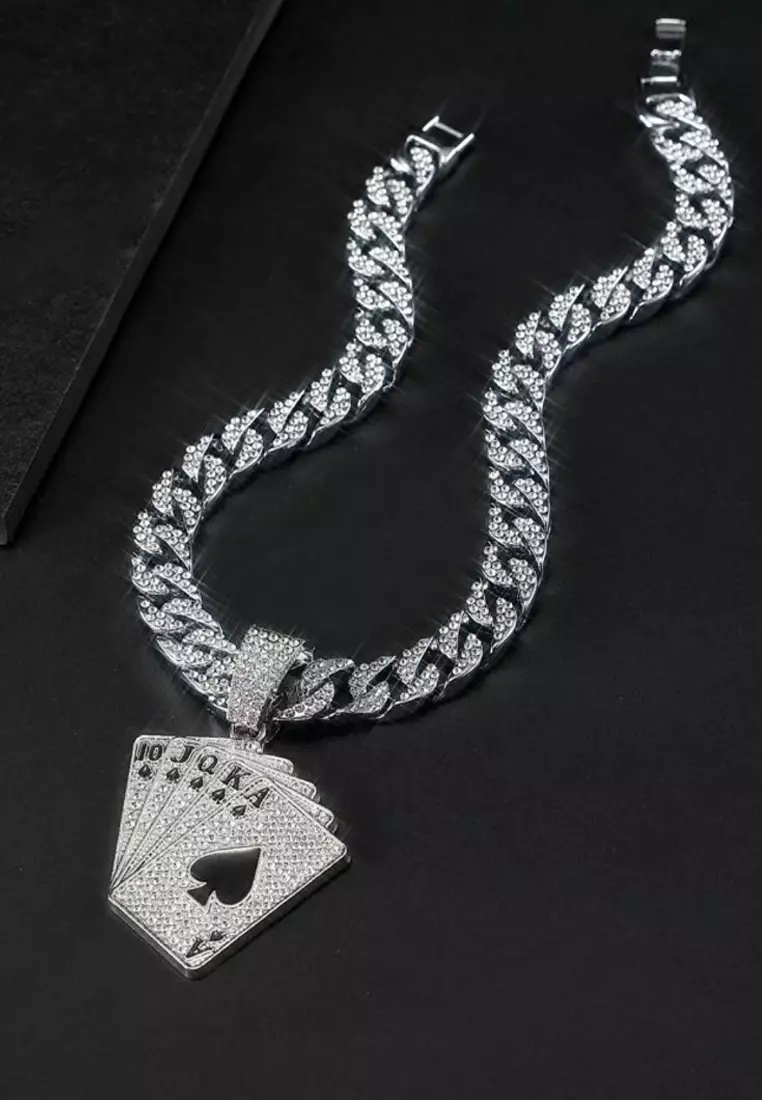 Aksesoris Pria Rhinestones Ace Of spades Studded Kalung Pria Premium Stainless Steel Necklace Silver