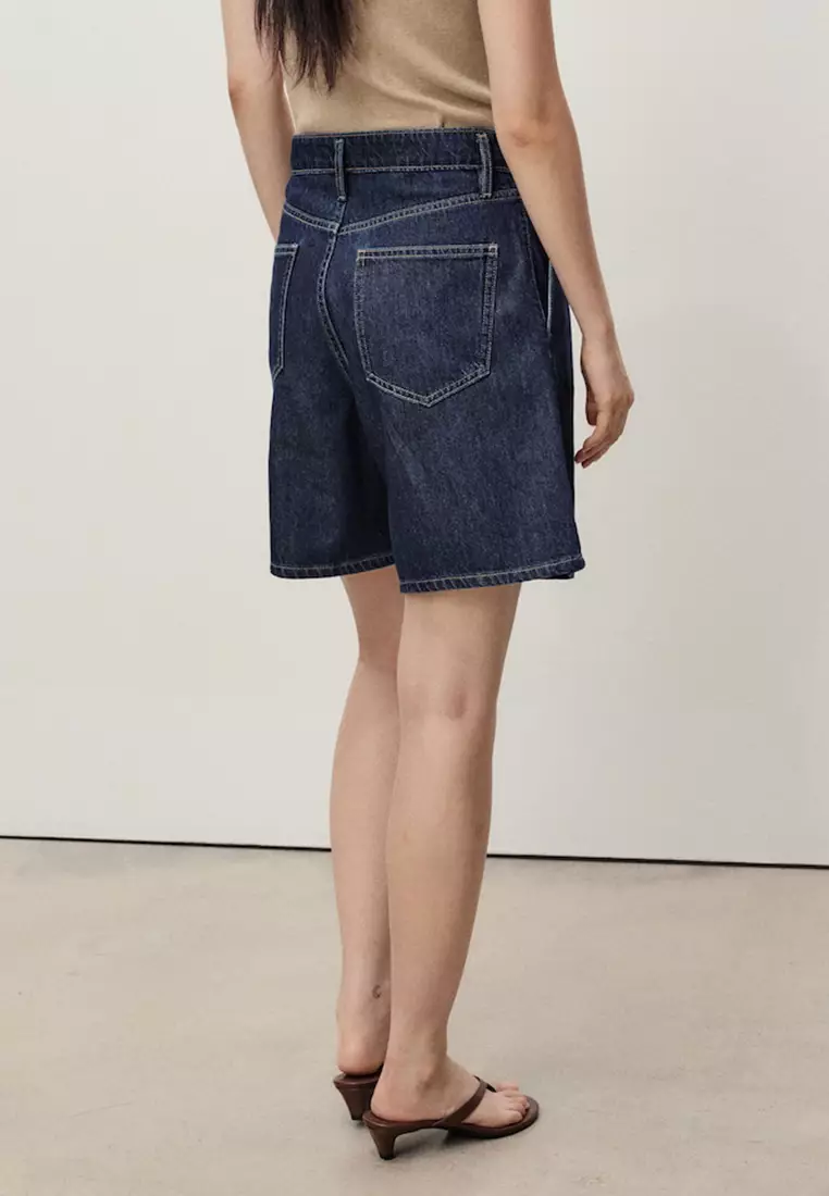 Mid-Rise Denim Bermuda Shorts With Pleats