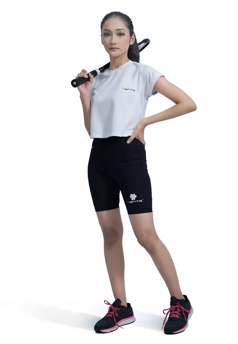 Tiento Baju Olahraga Wanita Crop Top Shirt Kaos Lengan Pendek Running Gym Lari Yoga Pound Fit