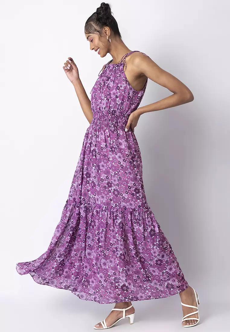 FabAlley Purple Floral Halter Smocked Waist Maxi Dress 2024 Buy