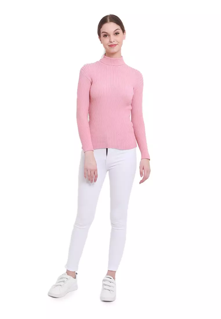 Misel Sweater Rajut Turtle Neck Long Sleeves Atasan Ribbed Wanita - Dusty Pink