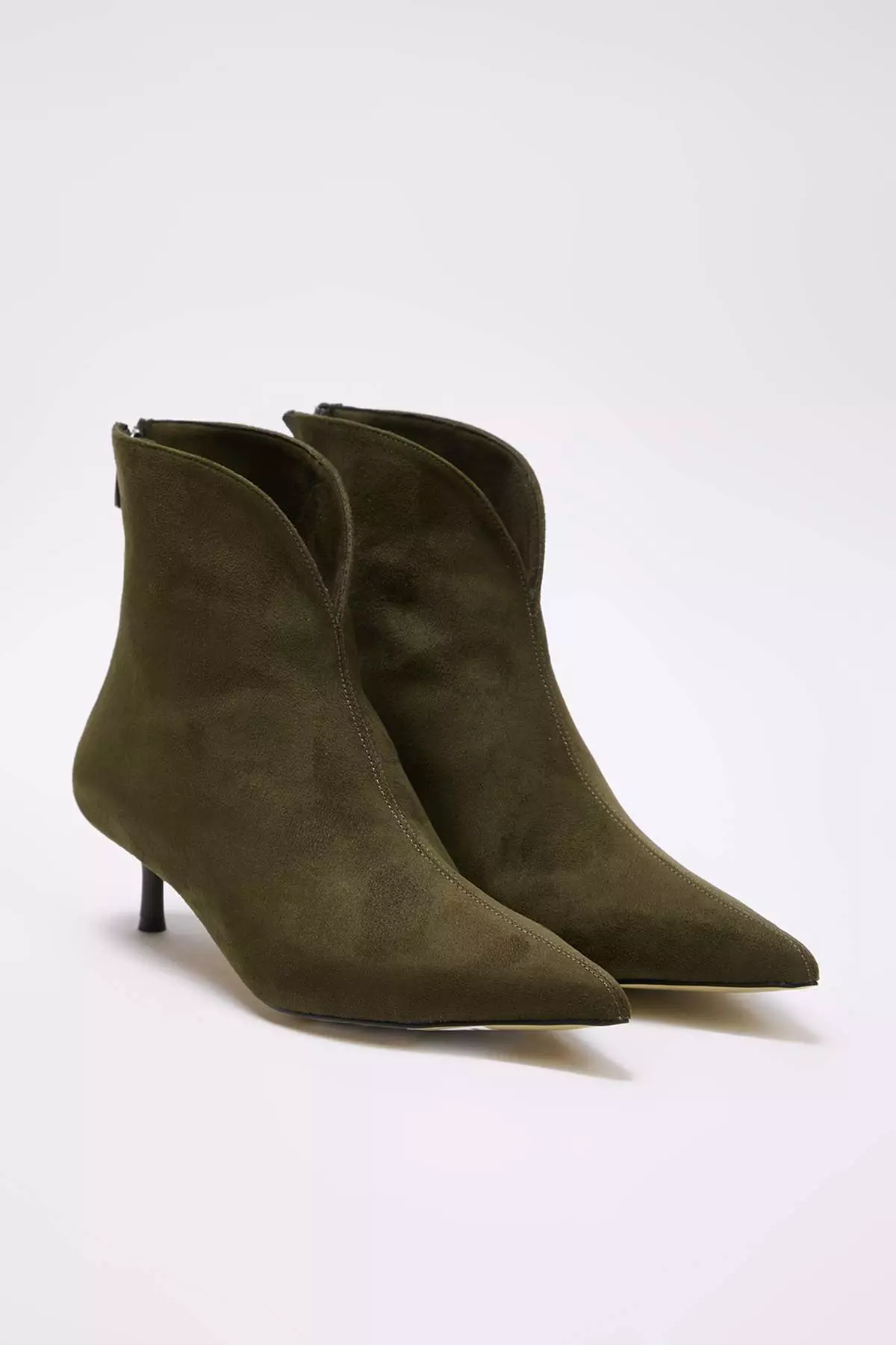 Khaki Suede Pointed Toe Women'S 4 Cm Kitten Thin Heeled Boots Takaw26Bo00087