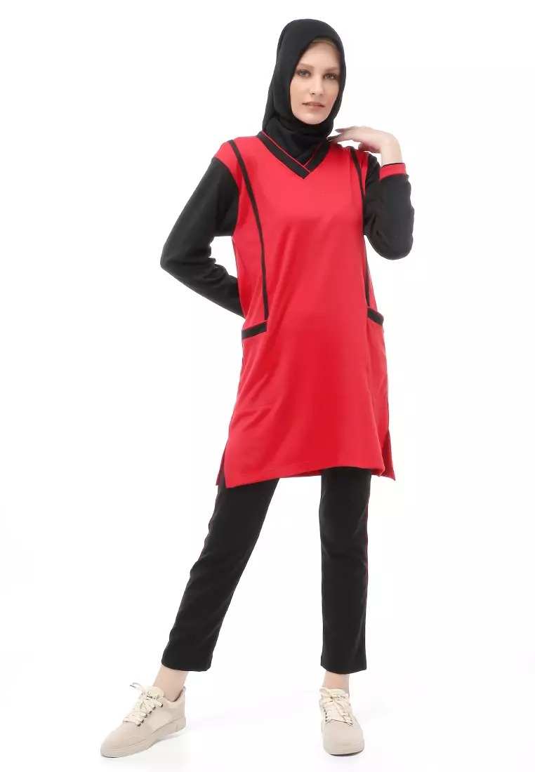 Kalila Baju Olahraga Atasan Bawahan Tunik Wanita Muslimah Relaxed Fit - RedBlack