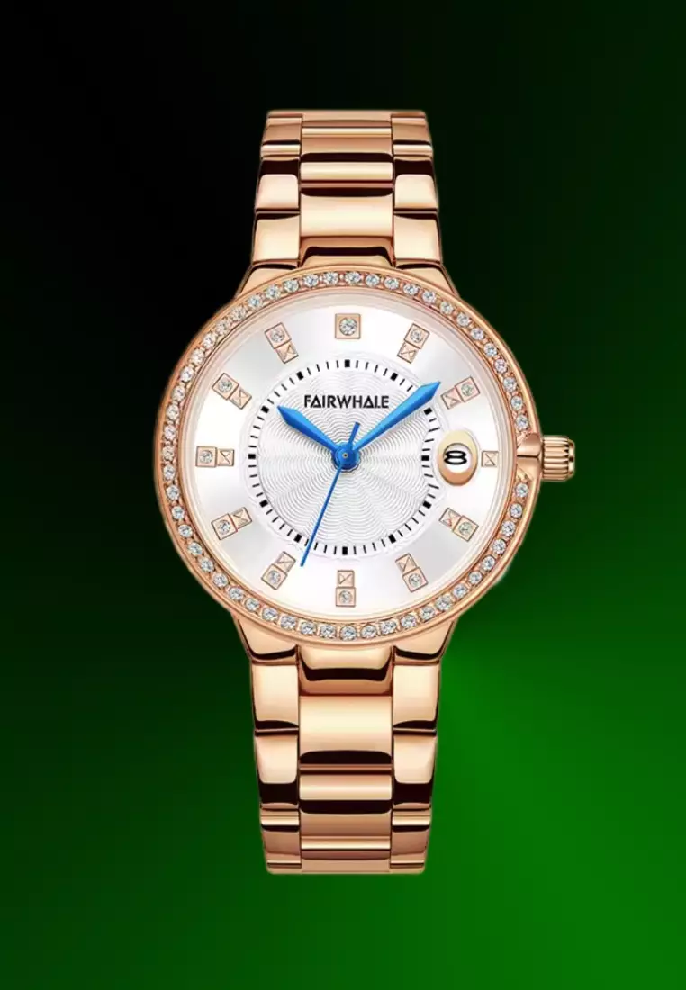 Ladies Rose Gold Colored Stainless Steel Quartz Watch, 32mm, Bezel Paved with Crystals, Stainless Steel Bracelet