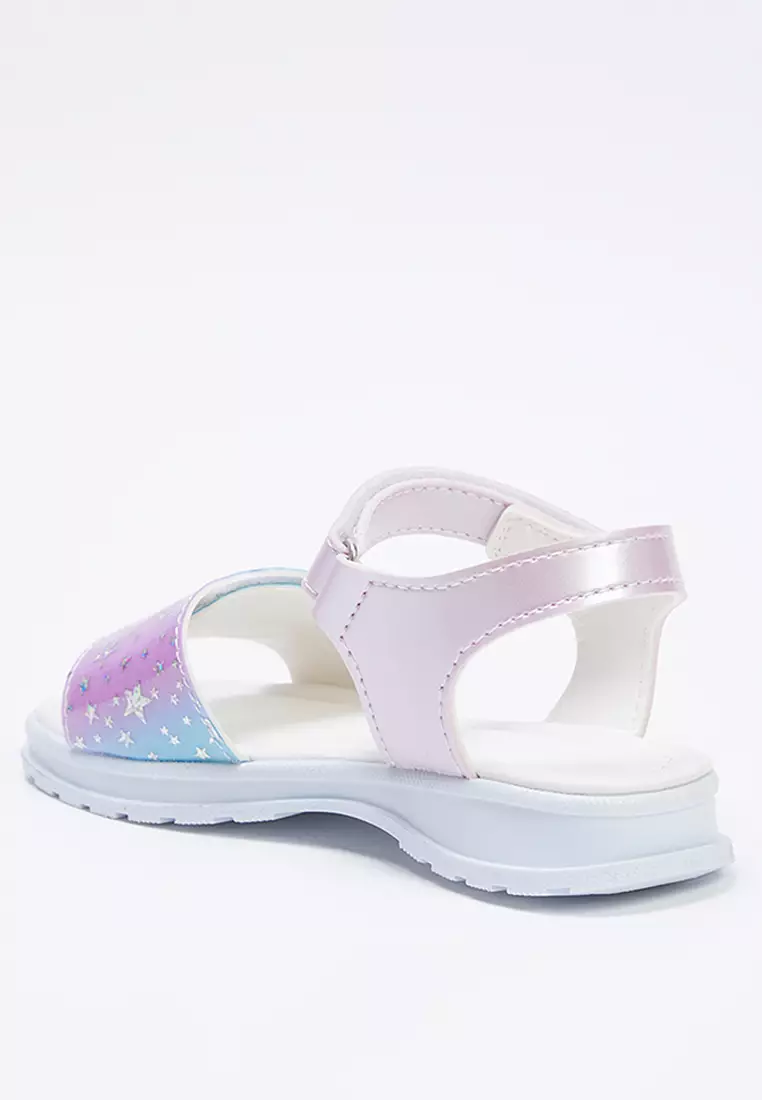 Lilac Star Detailed Velcro Strap Big Girl's Sandal