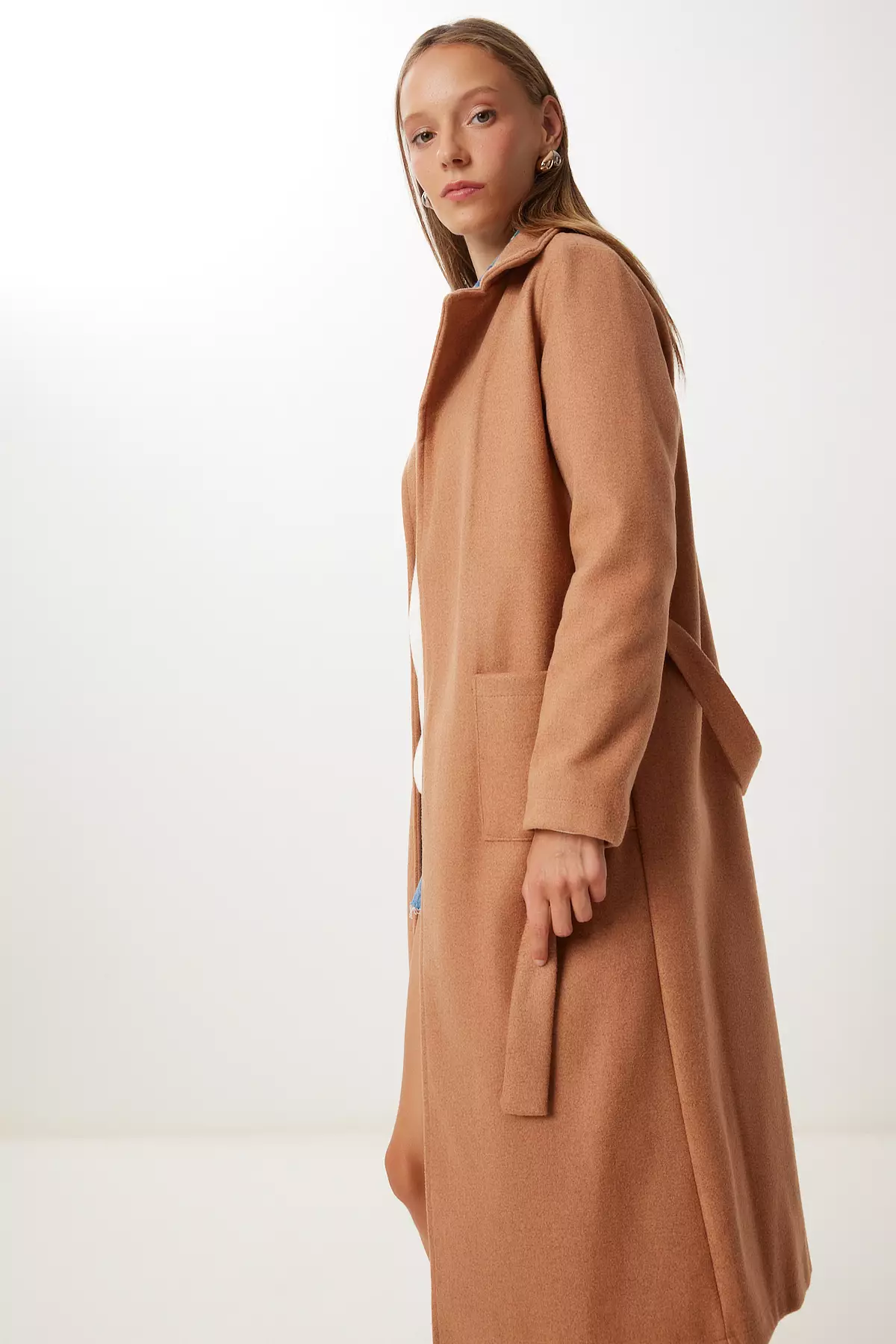 Women's Camel Double Breasted Collar Belted Cashmere Coat Mx00253