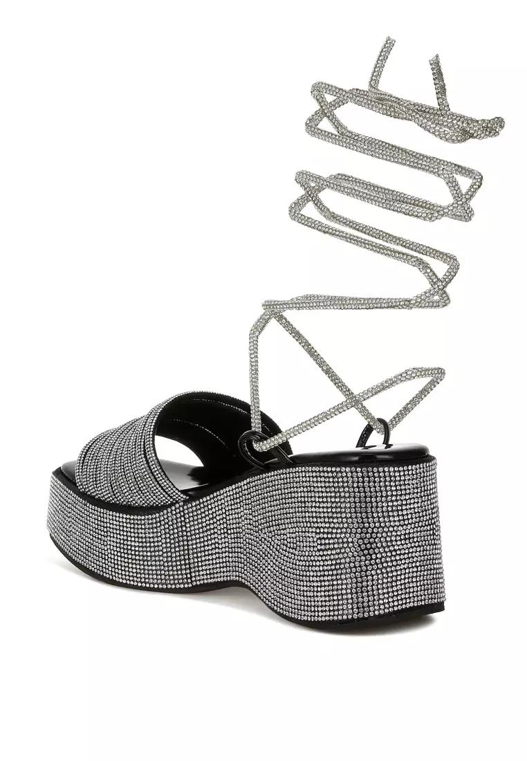 Black Rhinestone Embellished Lace-Up Sandals