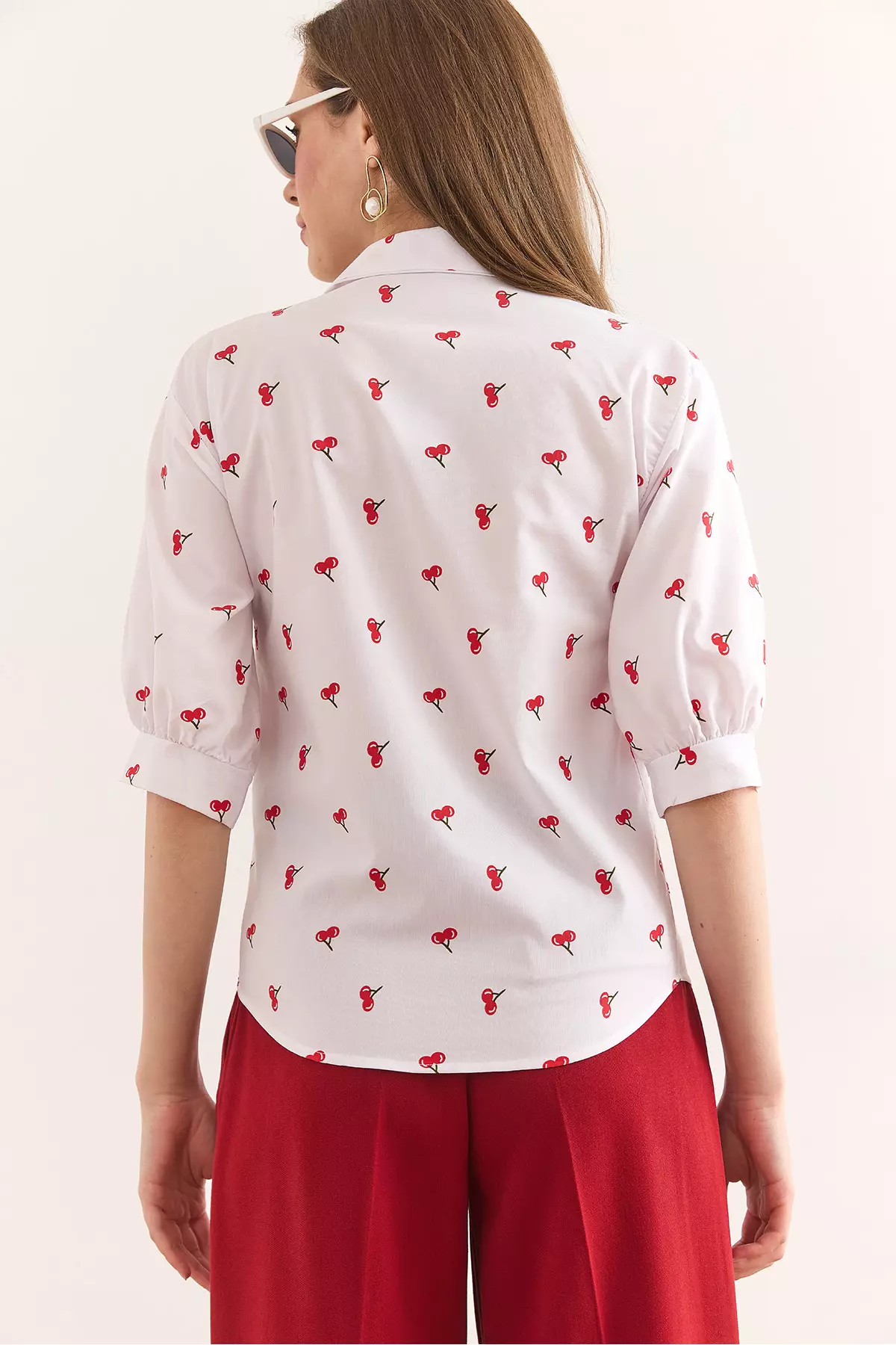 Women's White Cherry Balloon Sleeve Woven Shirt Gml-19001330