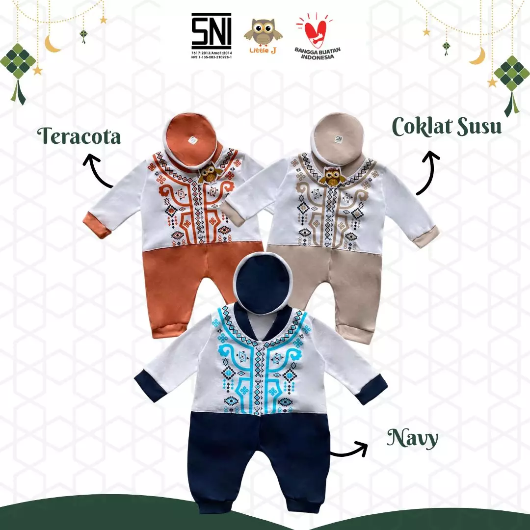 Little J - (1559) Raya Collection Romper Koko Baby Setelan Baju Koko Bayi SNI Muslin Cowok Jumper Koko 0-9 Bulan Peci Double Knitted Sablon Aplikasi Kudung 3 Kancing Hidup