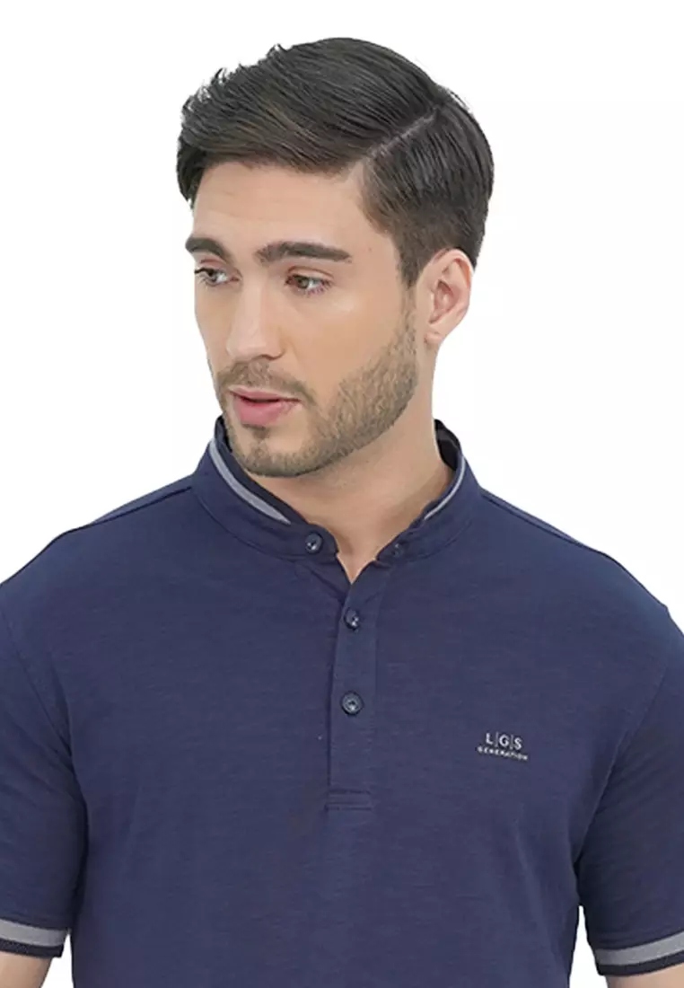 LGS - Kaos Casual Pria - Kerah Shanghai - Motif Polos Katun - Warna Biru Navy - JPS.321.C3516F.01.C