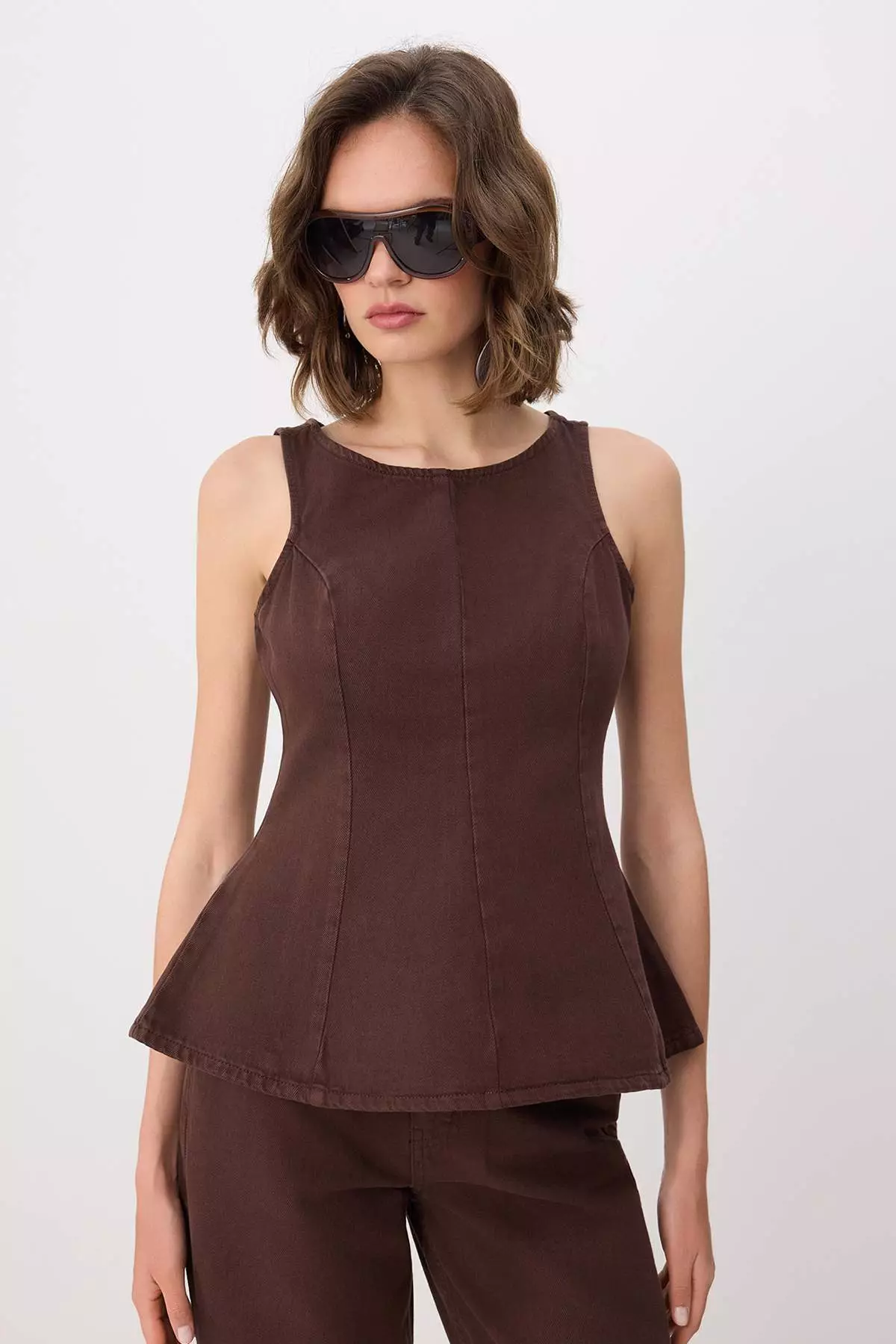 Brown Strap Peplum 1% Cotton Denim Blouse Twoss26Bz196
