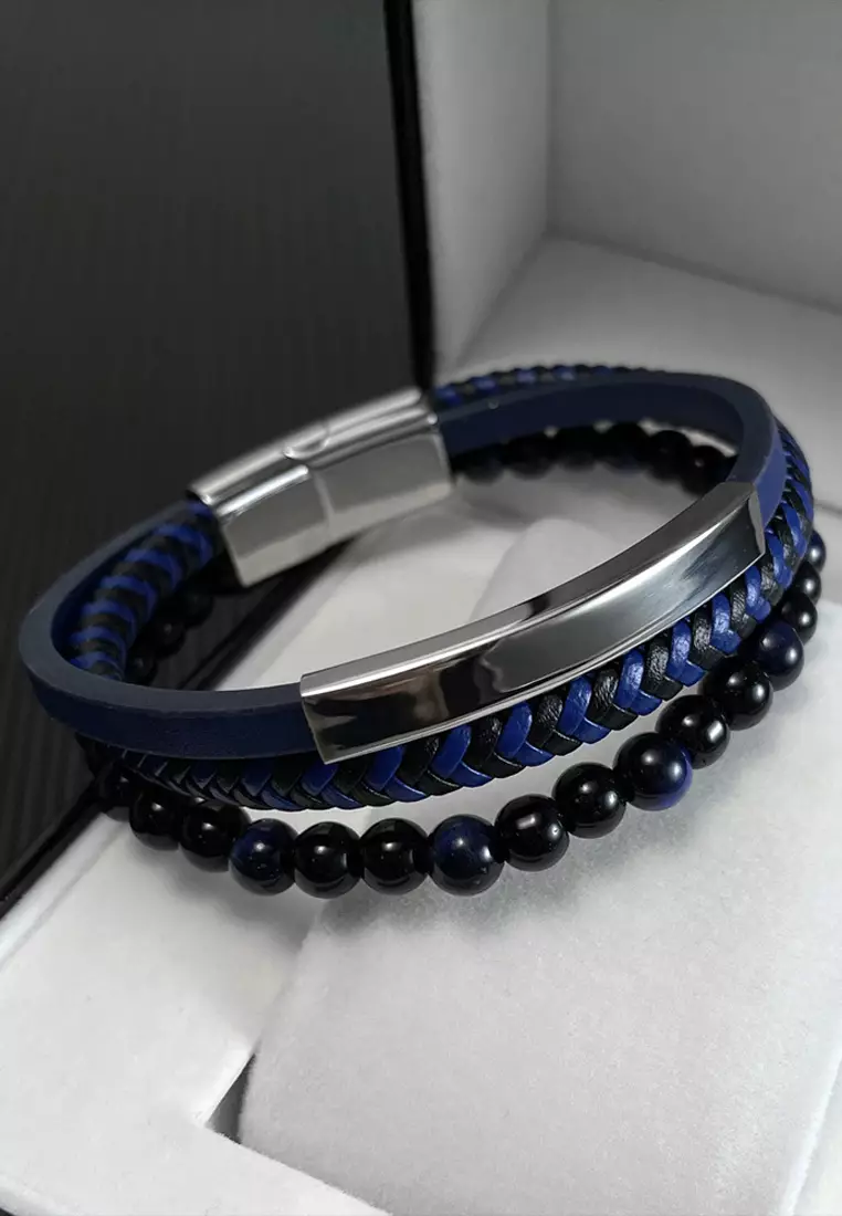 Men's Blue Leather and Bead Bracelet