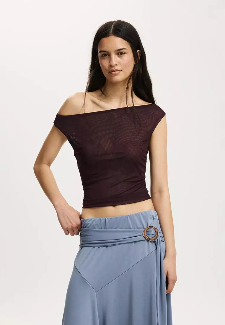 Gathered Mesh Off Shoulder Top