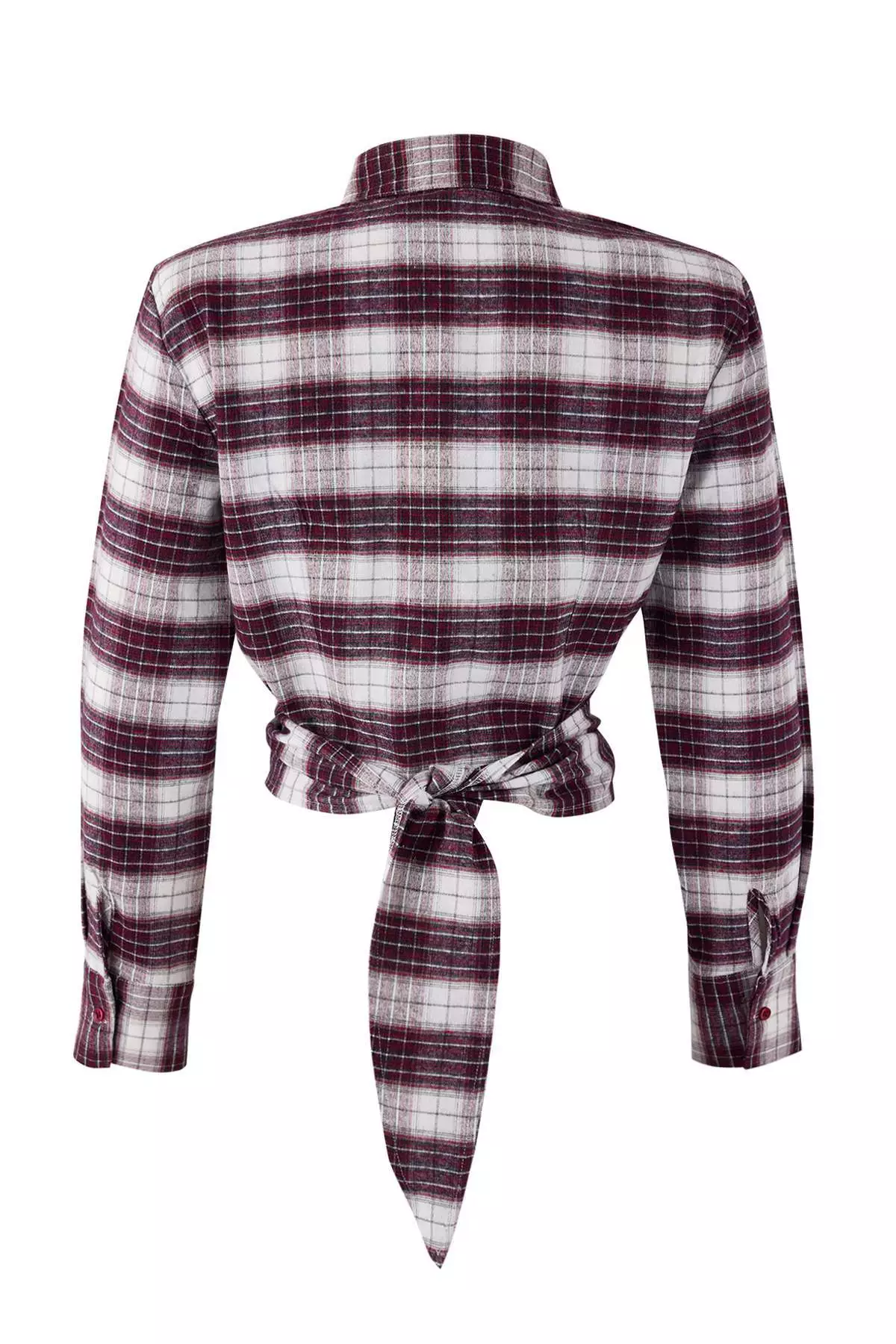 Burgundy-Multicolored Plaid Tie Back Flannel Shirt Twoaw26Go128
