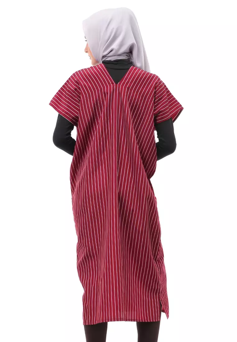 Lolita Long Dress Wanita Kerah V Neck Motif Stripe Free Cuff Regular Fit - Maroon
