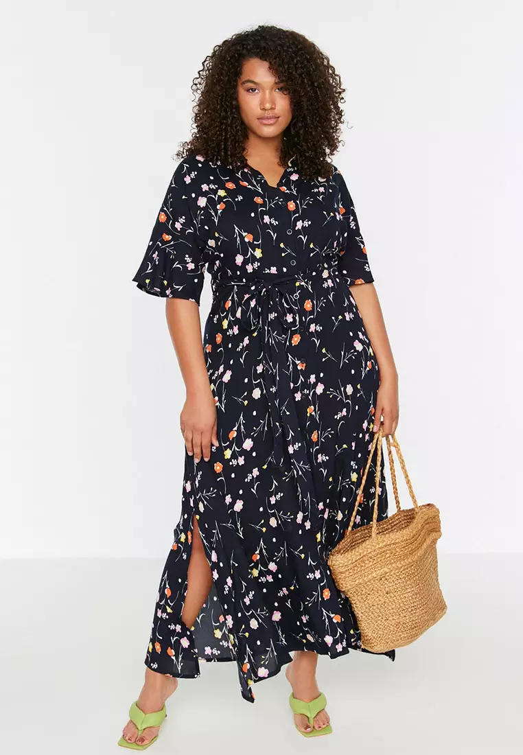 Navy Blue Floral Pattern Woven Slit Detailed Dress Tbbss22El1612