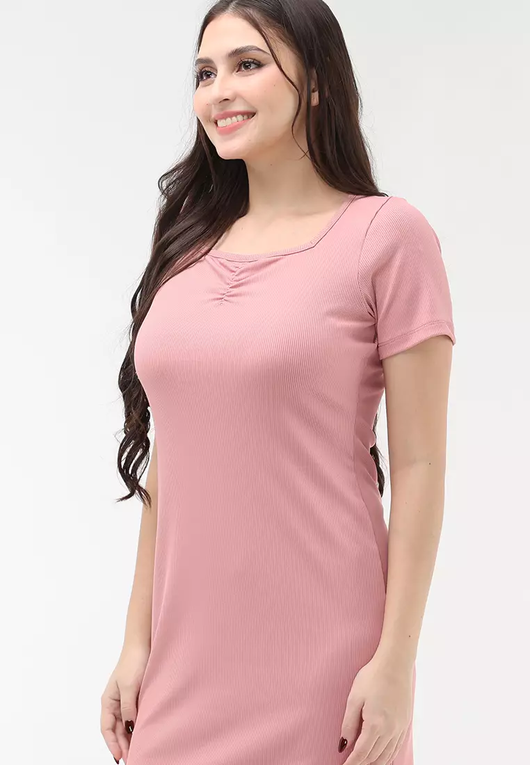 Plain Rib Knits Short Sleeves Dress