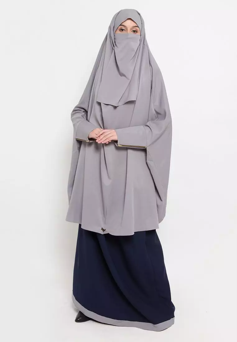French Khimar Set Rok Wanita Muslimah Marwah - Navy Abu