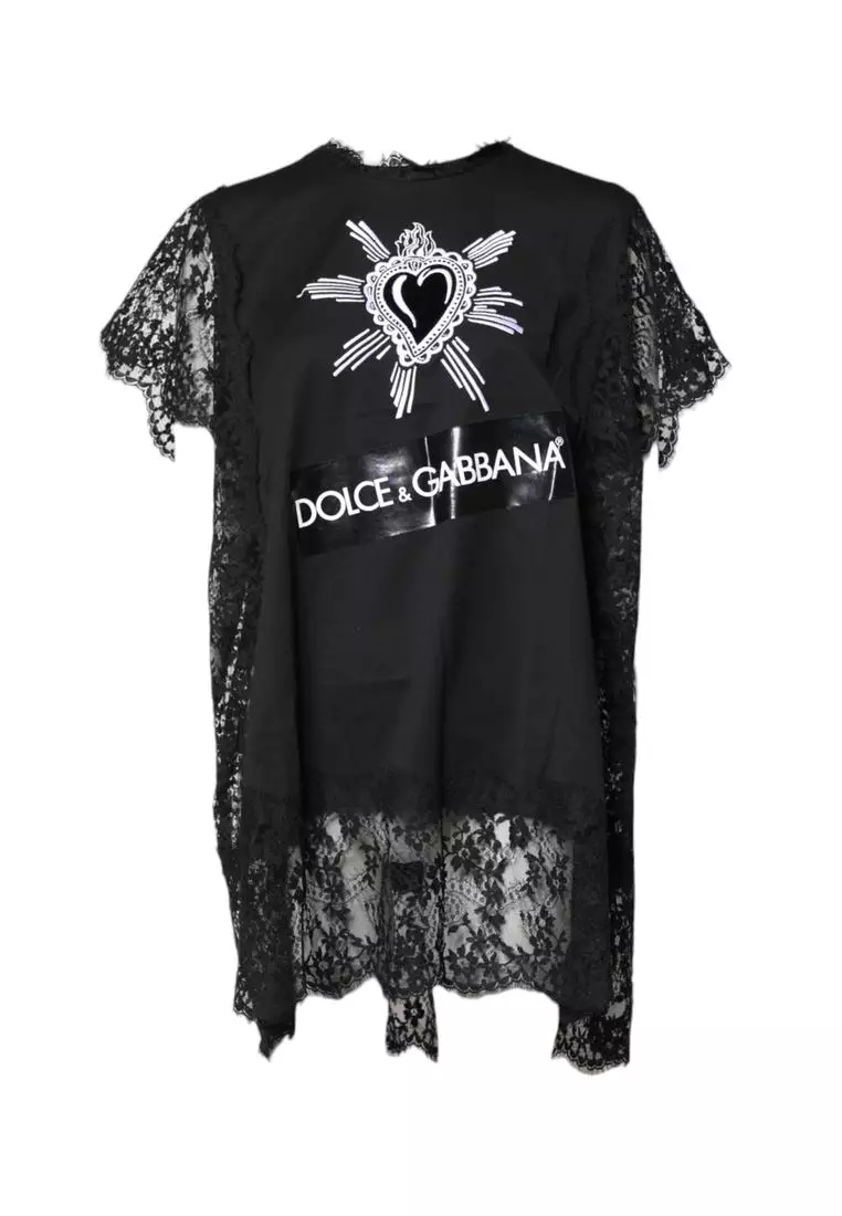 Tシャツ・カットソー Dolce & Gabbana Cotton T-Shirt With Lace Details Jersey T-shirt with DG logo and lace inserts in Black for