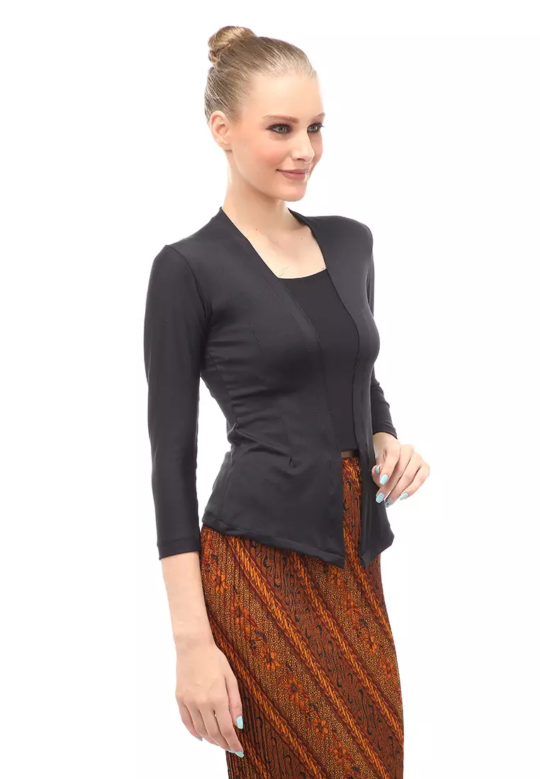 Kebaya Atasan Wanita Motif Solid Long Sleeves Slip On Style Design Casual Relaxed Fit - Hitam