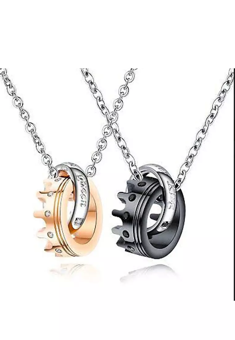 2 in 1 Her King His Queen Crown Charm Couple Necklace Kalung Pasangan Silver