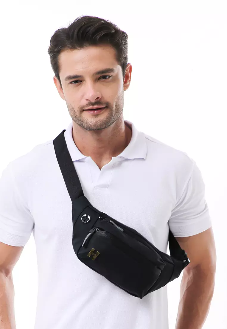 Roger Tas Selempang Pria Tahan Air Waistbag with Hole for Earphone Material Oxford ORIGINAL - Black