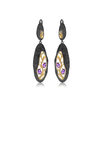 Glamorousky silver 925 Sterling Silver Plated Black Fashion Elegant Hollow Gold Branch Geometric Earrings with Amethyst 7B697ACADE0167GS_1