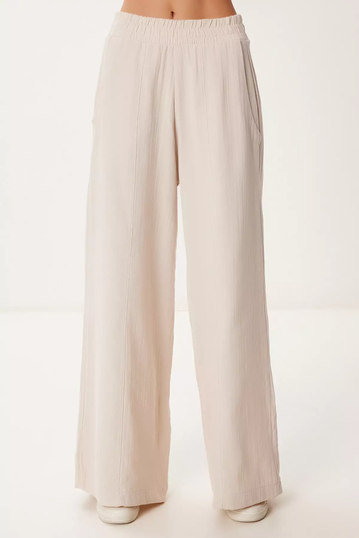 Women's Cream Pocket Wide Leg Linen Trousers Bv00172