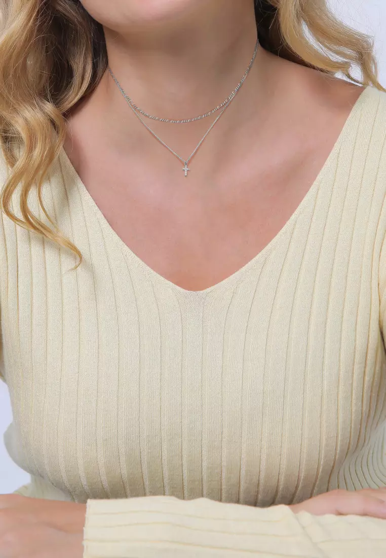 Kalung Perhiasan Perak 925 Wanita Choker Layer Cross Filigree Zirconia