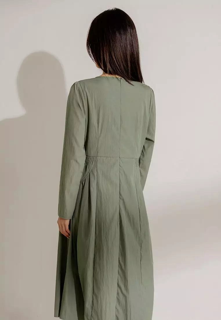 V-Neck A-Line Midi Dress with Waist Tie and Pockets [DA10269]