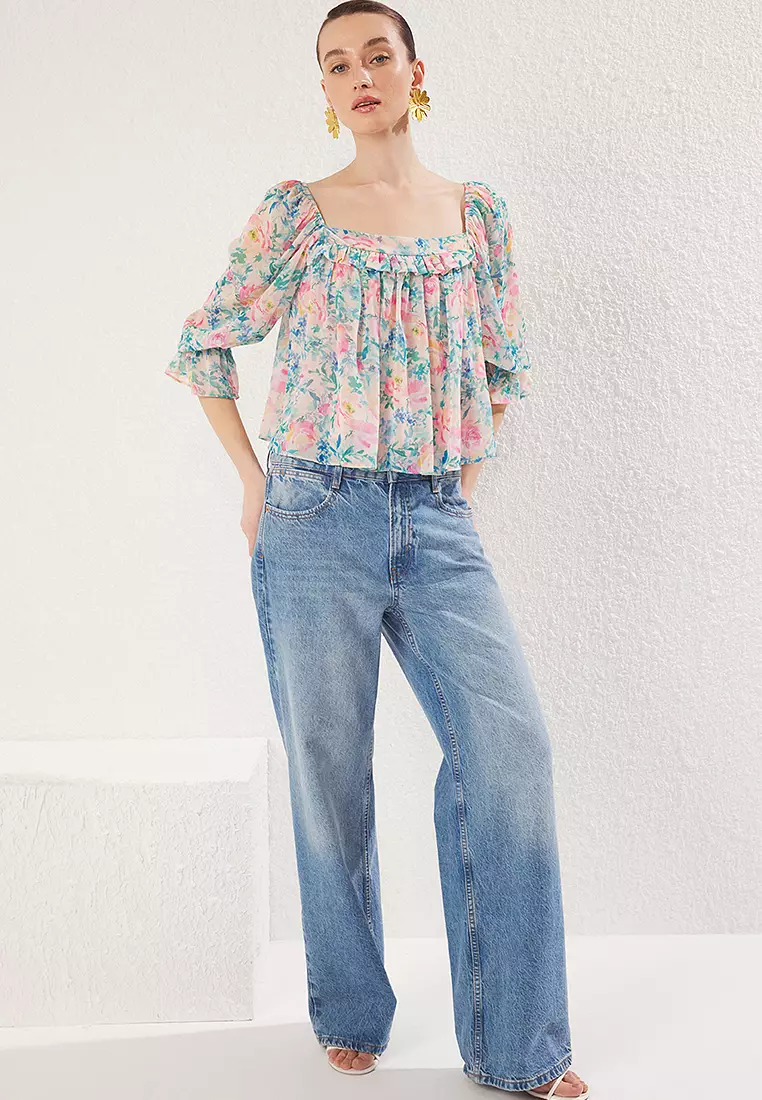 Green Chiffon Square Collar Balloon Sleeve Woven Blouse