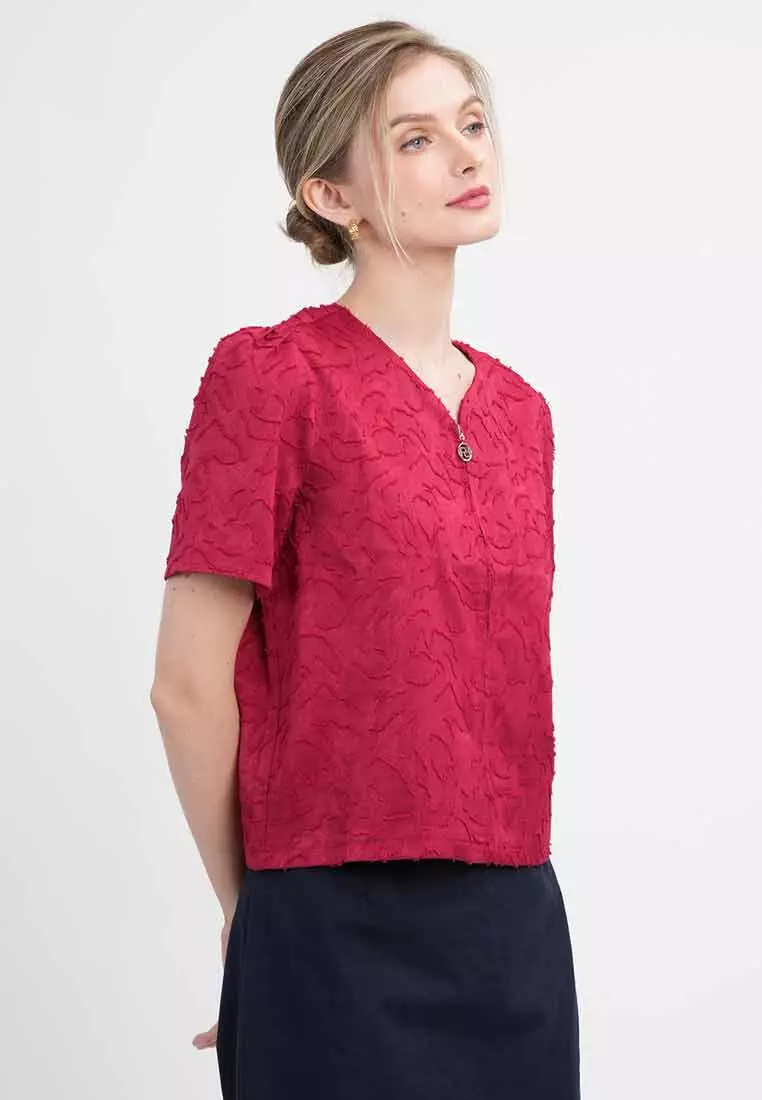Sola Textured Zip-Front Blouse with Puff Sleeves