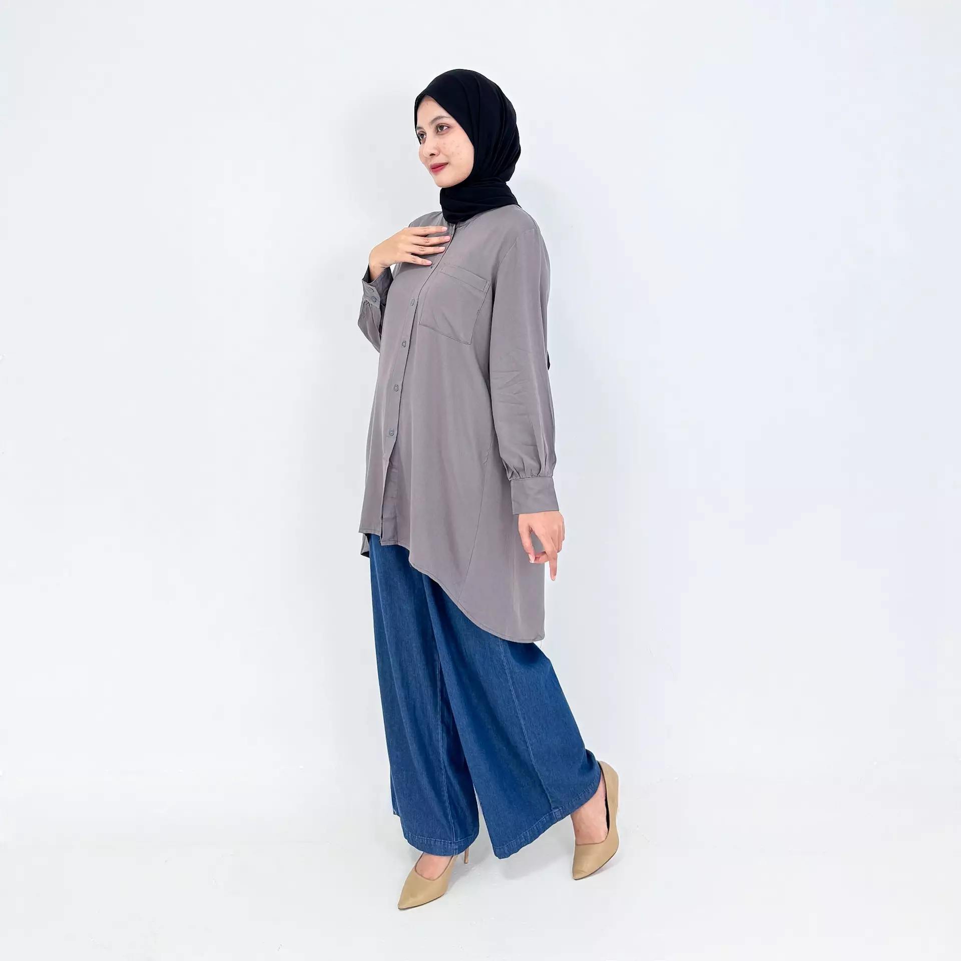 Cotton Tunic Nisa - ABU ABU- Tunik Lengan Panjang Muslim Wanita Office Wear