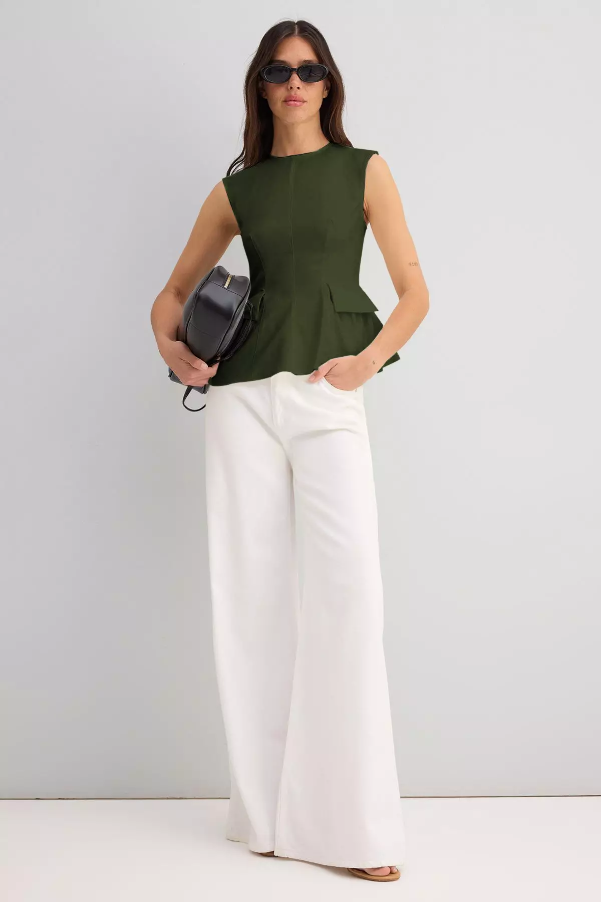Khaki Cotton Gabardine Peplum Pocket Detail Woven Blouse Twoss25Bz538