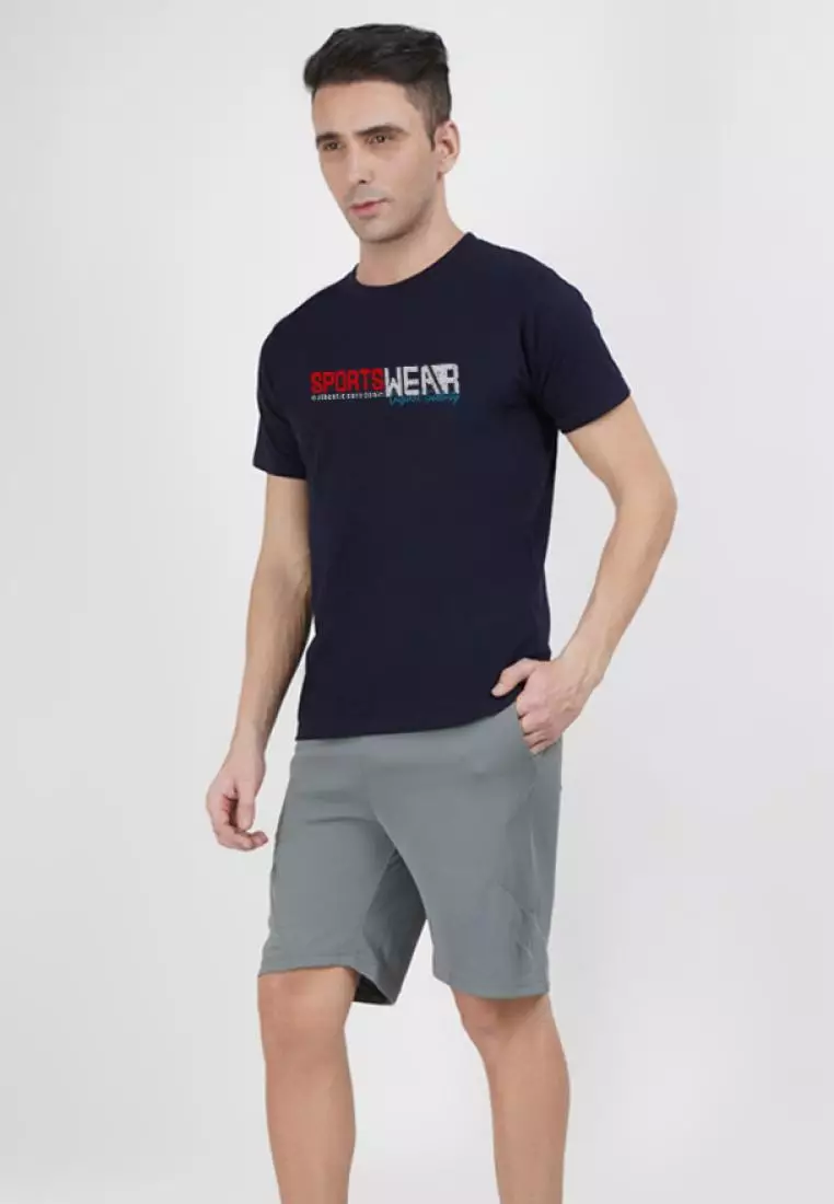 运动服图案蓝色棉混纺短袖锻炼/训练 T 恤
