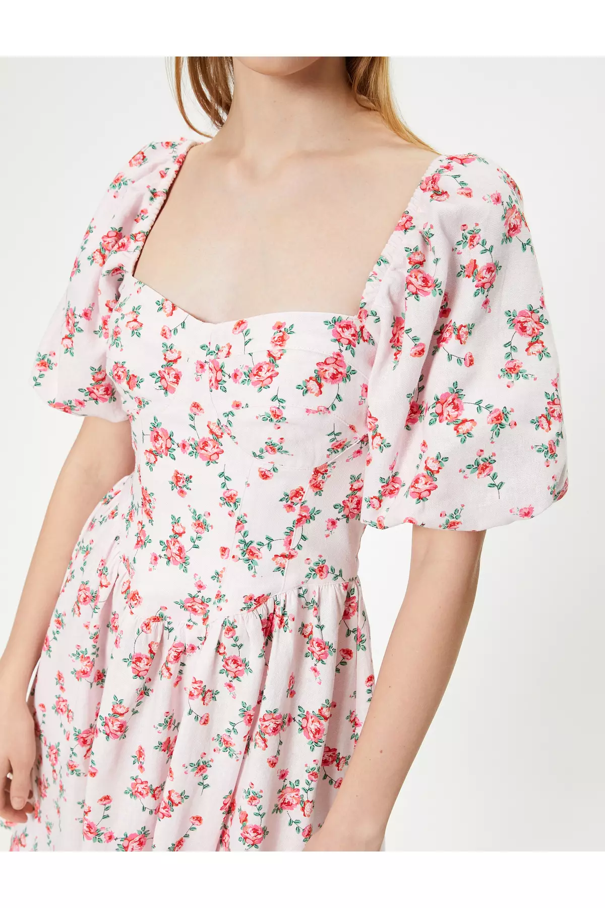Floral Balloon Sleeve Linen Dress Mini Length Sweetheart Neckline