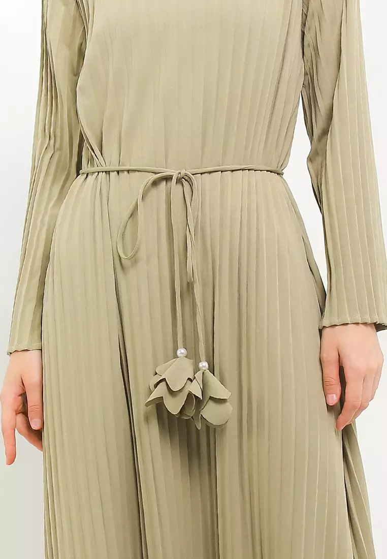 L/S Pleated A-Line Dress W/ Maxy Neck Ribbing