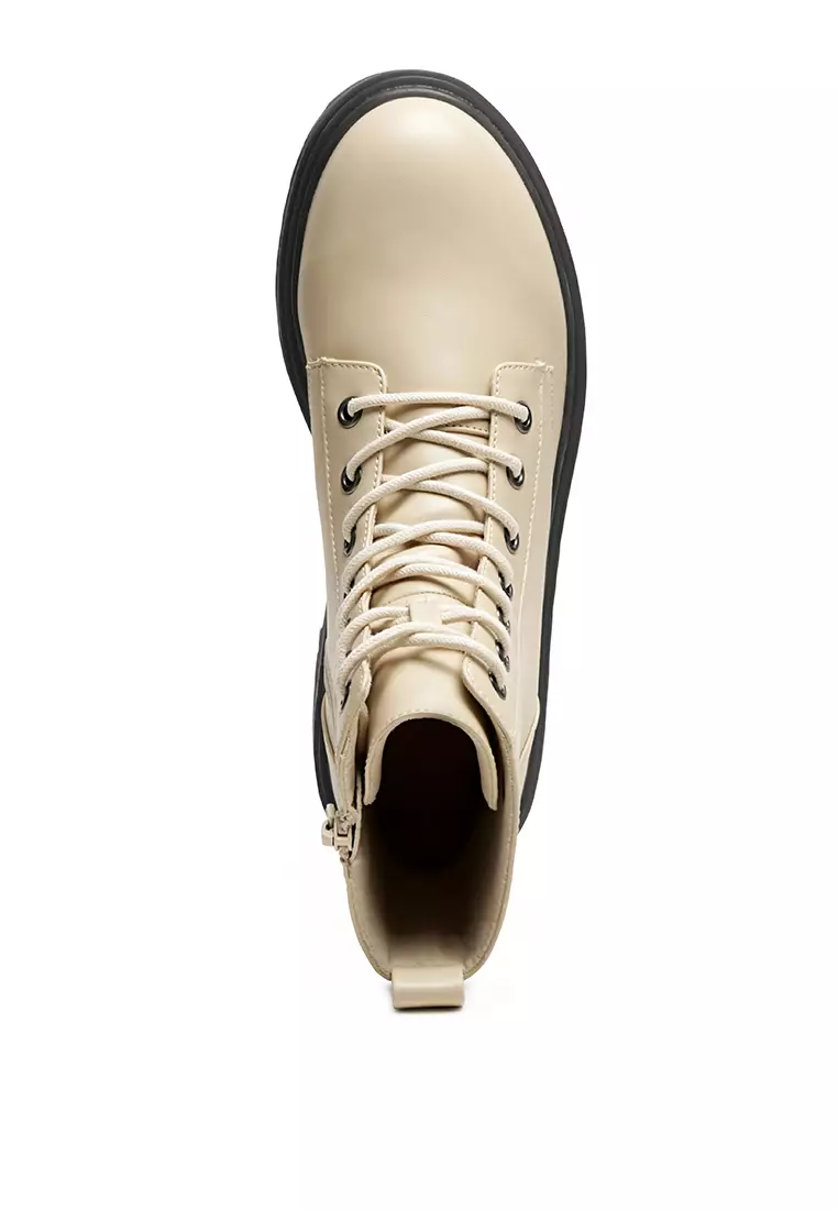 Lace-up Lug Sole Ankle Boots in Beige