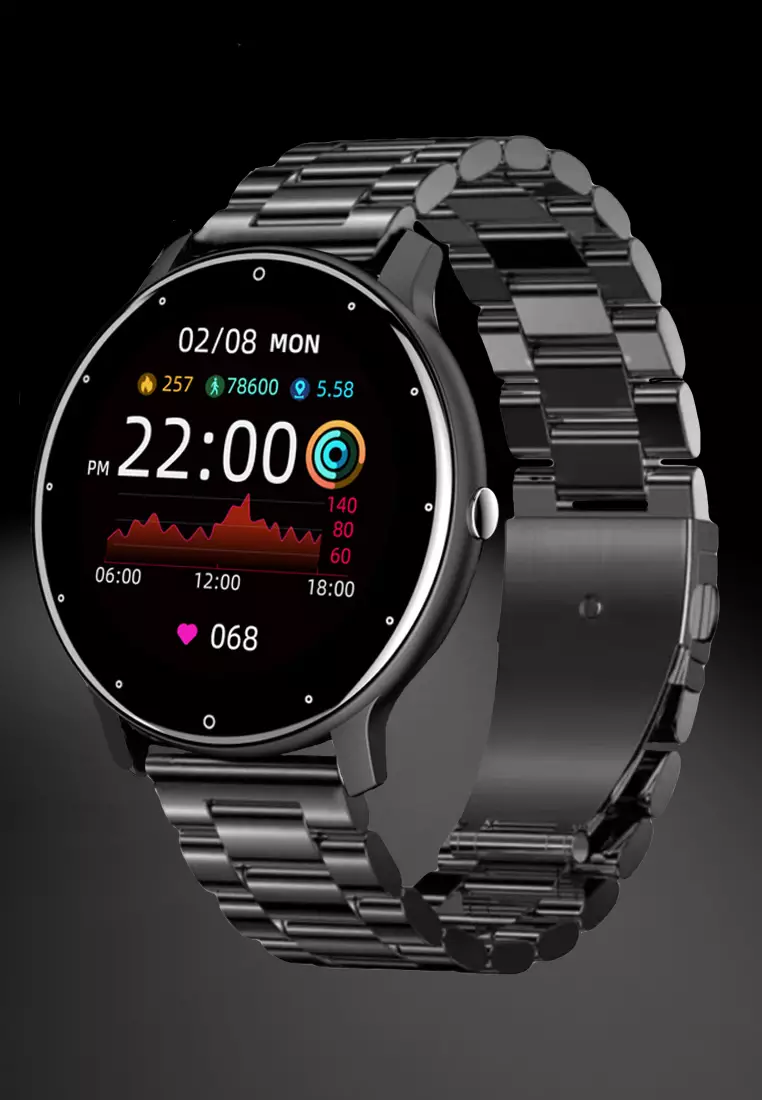 Unisex IOS/Android Black SmartWatch with Stainless Steel Bracelet + 1 Free Black Rubber Strap