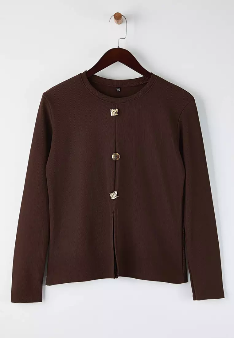 Brown Accessory Buttoned Long Sleeve Ribbed Knitted Plus Size Blouse Tbbaw26Af00078