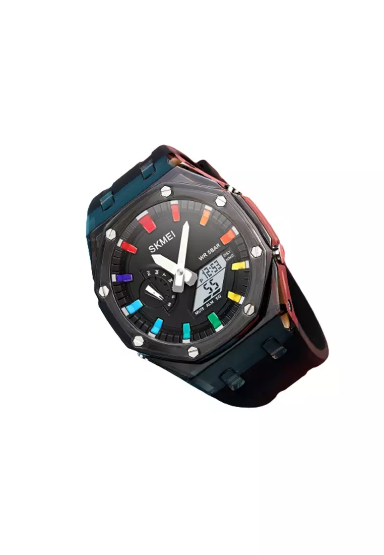 Jam Tangan Pria Analog Digital Sport Alarm Waterproof LED Light - 2100 - Black White