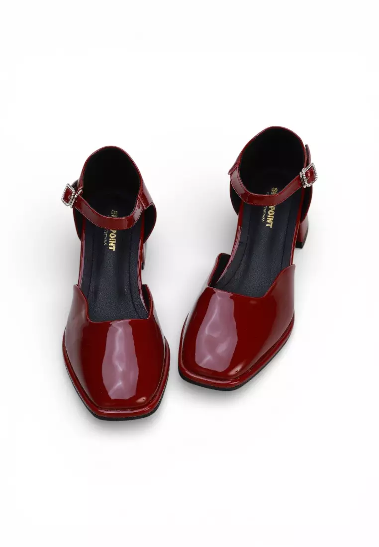 Noir Classic Ankle Strap Heels Women Low Block Patent Office Shoes 16596 in Maroon Red