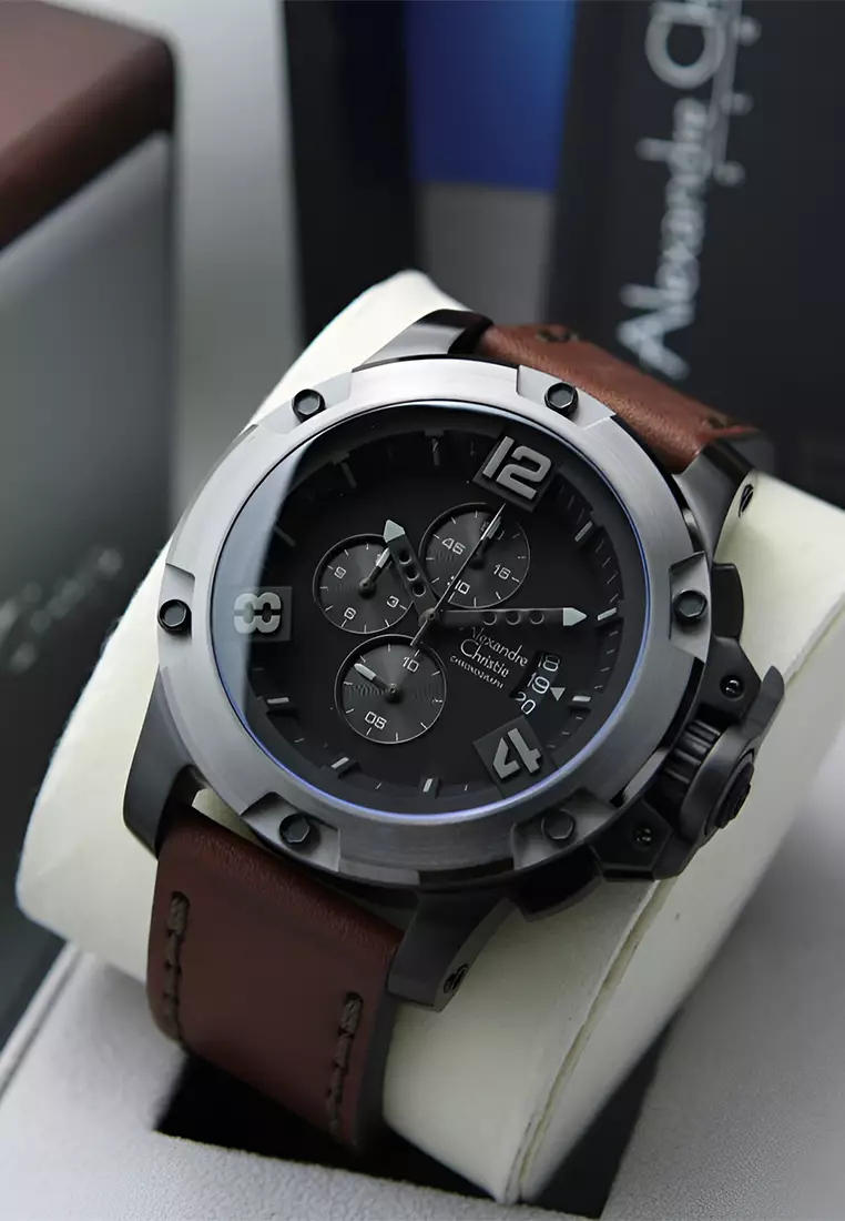 Jam Tangan Pria Alexandre Christie Chronograph AC 6295 MCLEPBA - Brown Leather Strap