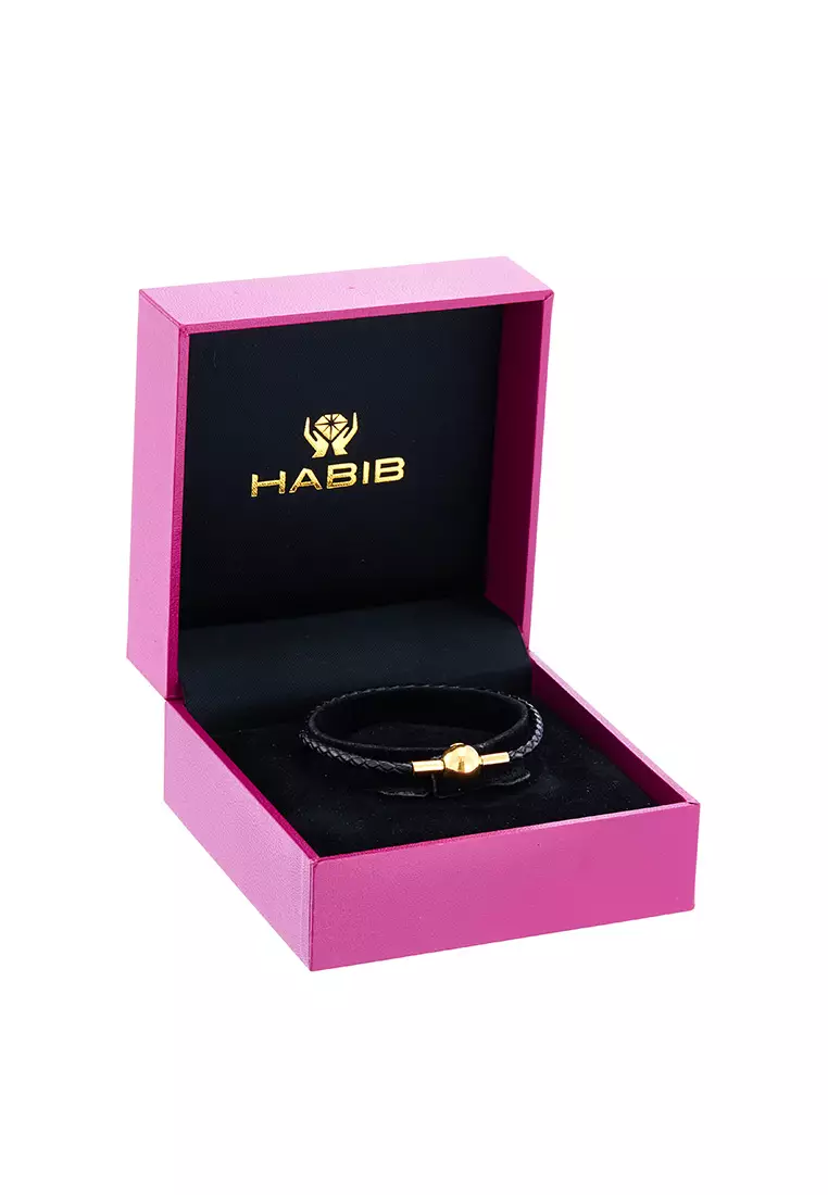 HABIB Leather Bracelet Black with Round Button Brass Clasp WWGB2241023(2.5)