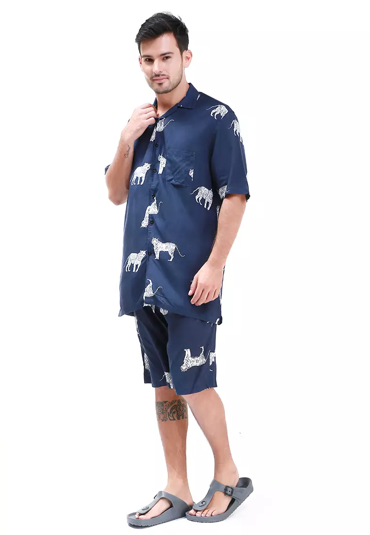 Klicin Setelan Baju Tidur Piyama Pria Motif Macan One Set Sleepwear Pajamas Material Rayon ORIGINAL