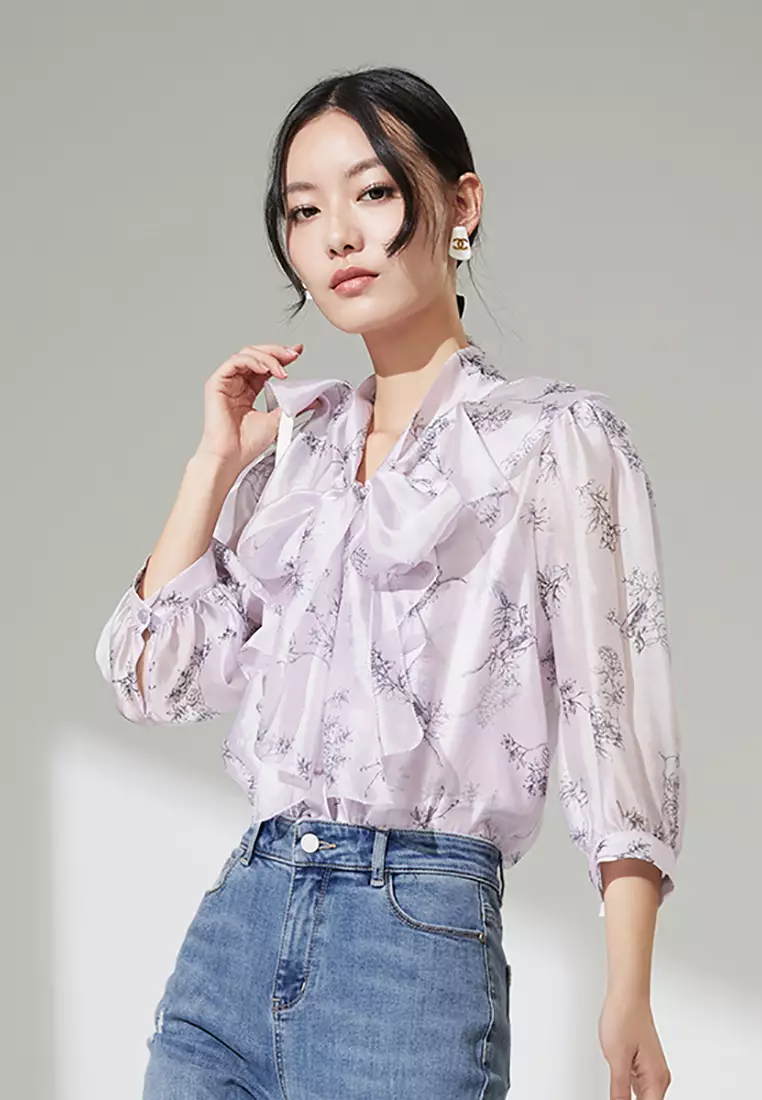 Floral Chiffon Blouse with Front Ribbon Tie
