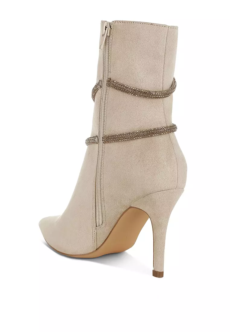 Rhinestone Wrap-Around Stiletto Boots in Beige