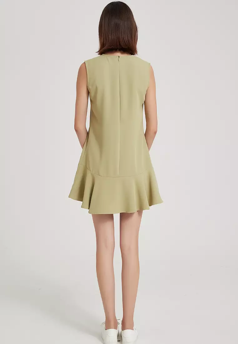 时尚气质高端简约无袖圆领荷叶边背心连衣裙经典纯红哑光缎面连身裙 B22041208GR