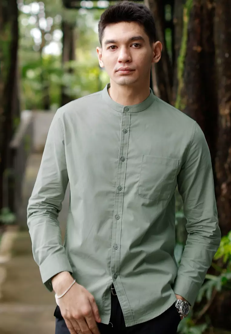 Oxcon Collarless Long Sleeve Business Shirt soft cotton Sage